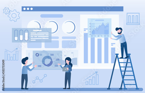 Businessman working on online dashboard project. Analyze and share information with partners. Online dashboard analyzes data and trends. Flat vector illustration.