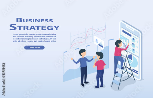 Business strategy ideas. Business people are working on project analysis graphs to manage their business efficiently, improve their organization to achieve success. Isometric vector illustration.