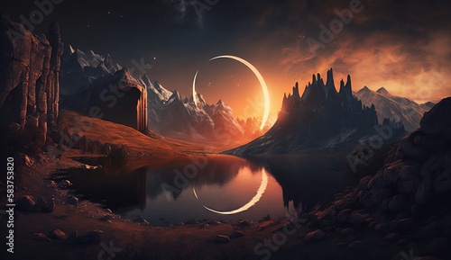 Futuristic landscape with a valley, mountains at the back, a lake and medieval ruins, the sky is orange and there is an eclipse. Realistic dark fantasy created with Generative AI technology