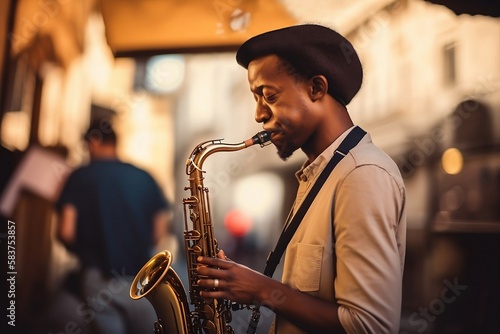Black man playing the saxophone on the street. Jazz day. Street artist playing jazz created with Generative AI technology