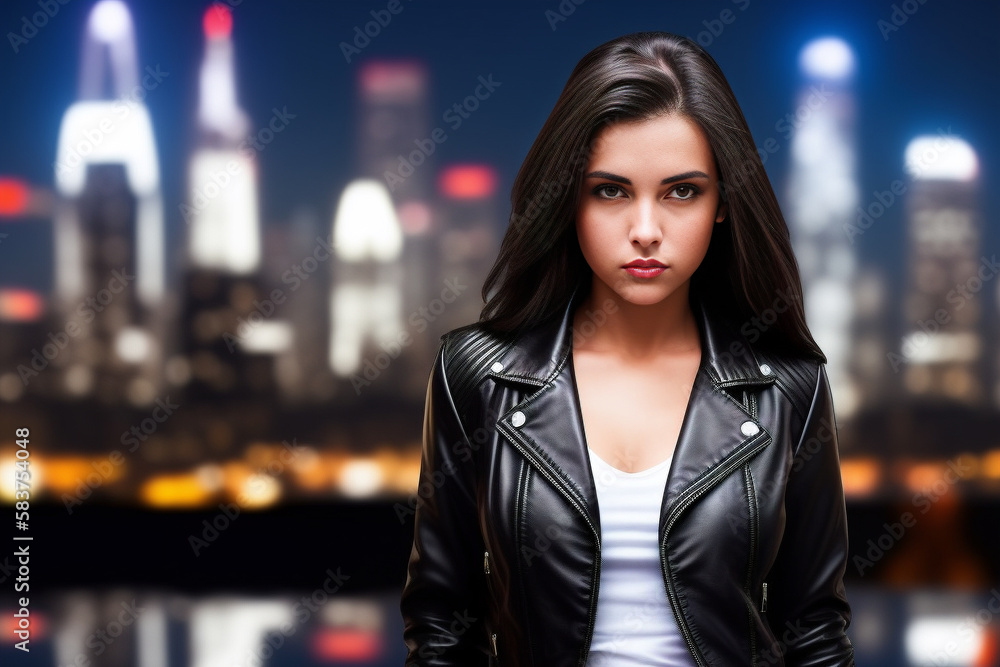 Brunette woman black leather jacket stands against backdrop night urban landscape with lights on buildings.Generative AI.