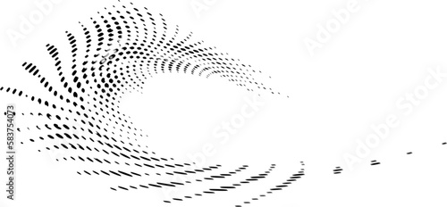 Halftone swirling frame with a glitch or shift of volumetric dots, strokes and bubbles. Top left - crest, right - elongated proboscis. Vector.