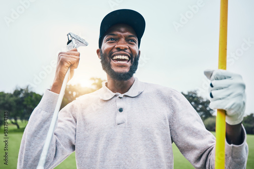 Golf, winner and happy with black man on field for training, sports and success in club. Competition, games and celebration with golfer playing on grass lawn for energy, pride and achievement