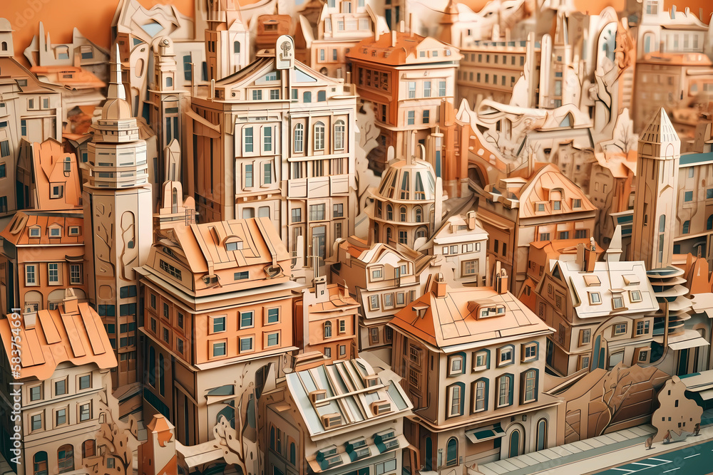 A detailed cityscape in paper art style