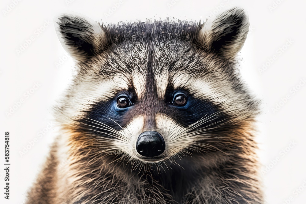 Fototapeta premium Portrait of a cute funny raccoon, closeup, isolated on a white background