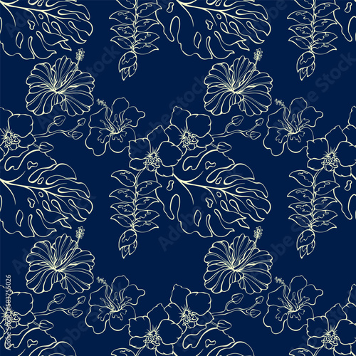 Hibiscus and orchid. Seamless pattern. Outline tropical flowers. Vector illustration.