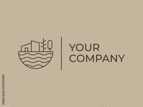 hipster badge logo of farm agriculture house home in Forest with tree and bird trendy line linear outline style illustration design