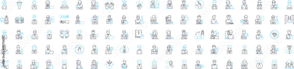 People occupation vector line icons set. Professor, Nurse, Pilot, Librarian, Artist, Priest, Lawyer illustration outline concept symbols and signs People occupation vector line icons set. Professor, Nurse, Pilot, Librarian, Artist, Priest, Lawyer illustration outline concept symbols and signs