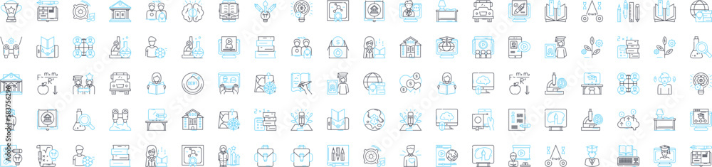 Remote learning vector line icons set. Remote, Learning, Online, Education, Teleclass, Videoconferencing, Webinar illustration outline concept symbols and signs Remote learning vector line icons set. Remote, Learning, Online, Education, Teleclass, Videoconferencing, Webinar illustration outline concept symbols and signs