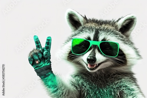 Funny raccoon in green sunglasses showing a rock gesture isolated on white background