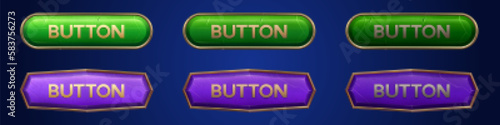 Medieval ui game button with gold frame sprite for animation. Fantasy rpg title sign design on dark background. Isolated 3d royal interface banner element assets. Ancient purple and green bar icon