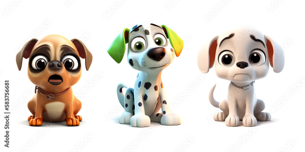 Obraz premium Illustration of three cute little puppies on white background, AI-generated image.
