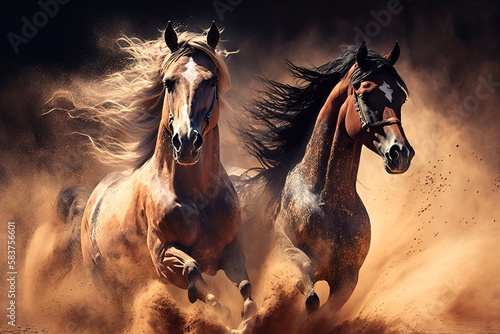 Horses with long mane portrait run gallop in desert dust