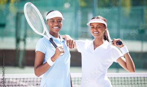 Sports, portrait and tennis team of women at court for training, workout or cardio fitness, happy and bonding. Face, friends and players outdoors for health, match and athletic exercise together © Alexis S/peopleimages.com