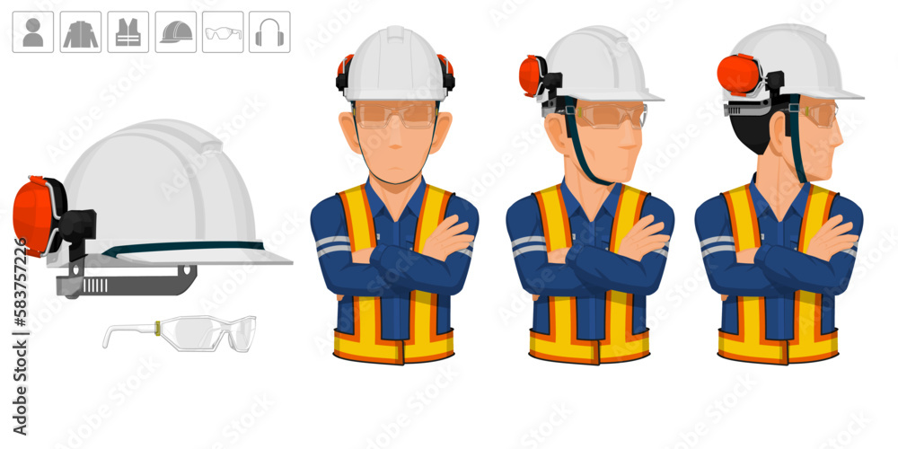 worker with helmet and earmuffs no use on white background worker with helmet and earmuffs no use on white background