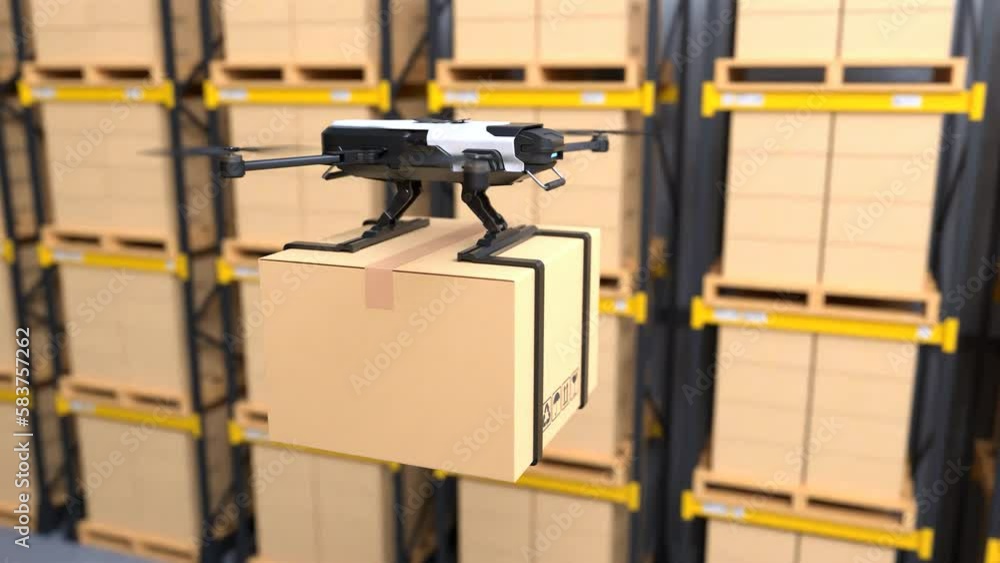 The delivery drone is flying in a warehouse The delivery drone is flying in a warehouse