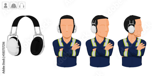 worker with earmuffs on white background