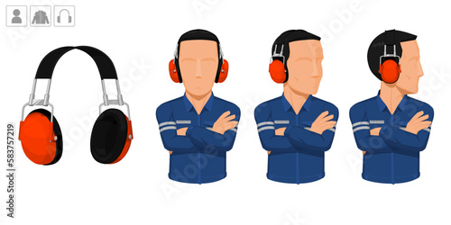 worker with earmuffs on white background