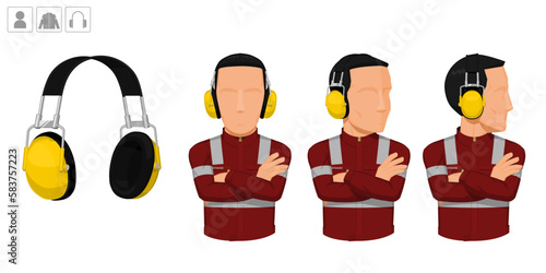 worker with earmuffs on white background photo