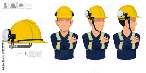 worker with helmet and earmuffs no use on white background