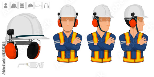 worker with helmet and earmuffs on white background photo