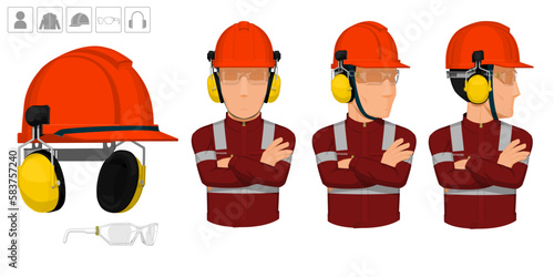 worker with helmet and earmuffs on white background