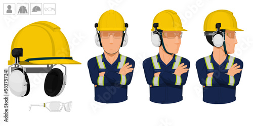 worker with helmet and earmuffs on white background photo