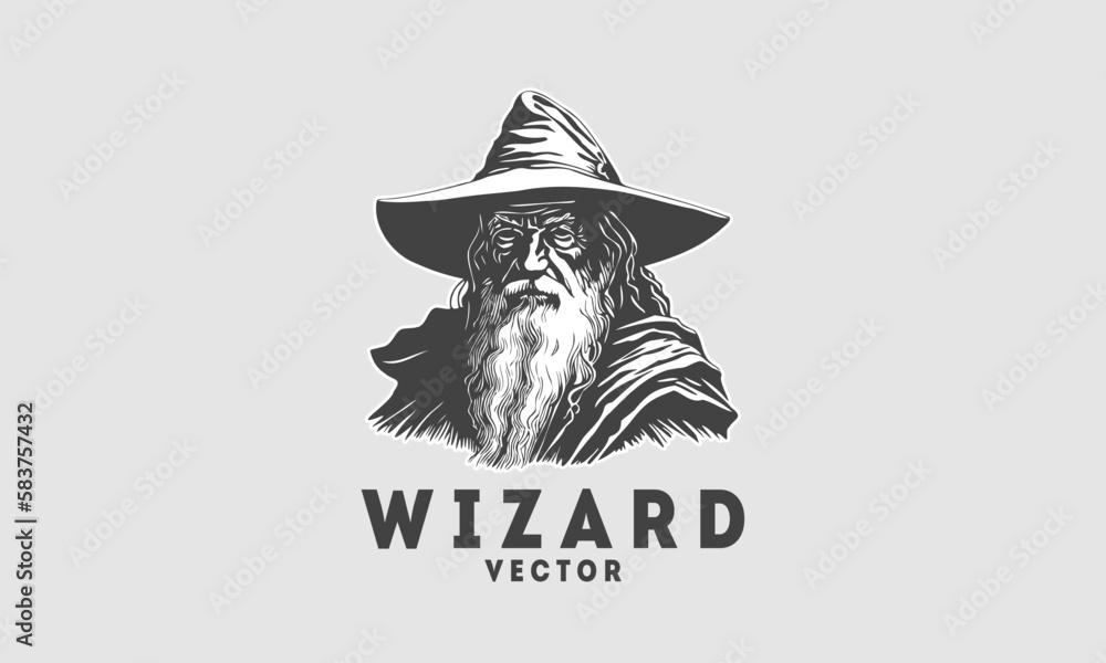 Vector portrait of a bearded elderly wizard in a big hat. Monochrome logo, sticker or icon. Isolated background.