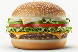 Classic cheeseburger with beef patty, pickles, cheese, tomato, onion, lettuce, and ketchup mustard isolated on background