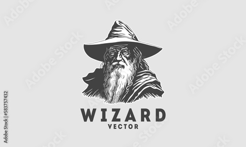 Vector portrait of a bearded elderly wizard in a big hat. Monochrome logo, sticker or icon. Isolated background.