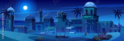 Night ancient arab city in desert cartoon landscape. Dark old arabian building in Egypt town. Muslim village with traditional market cityscape. East architecture in oasis panorama illustration.