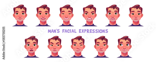 Man character face with sad, happy and angry facial expression. Male avatar with different emotions, smile, upset, surprise, anger, laugh and wink, vector cartoon set