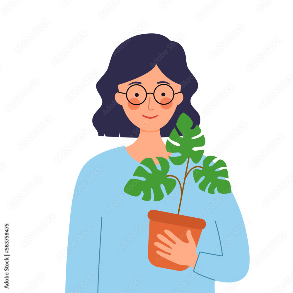 Cute girl holding plant pot in flat design on white background. Cute girl holding plant pot in flat design on white background.