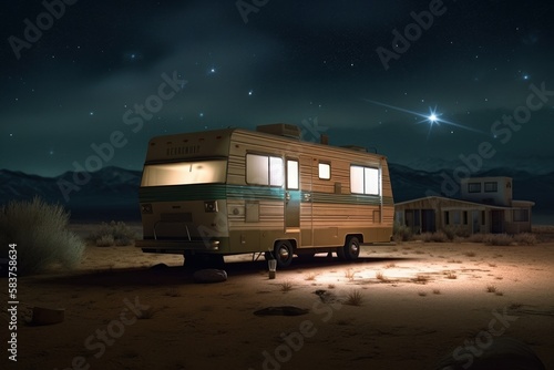 Generative AI of a camper in the desert at night.