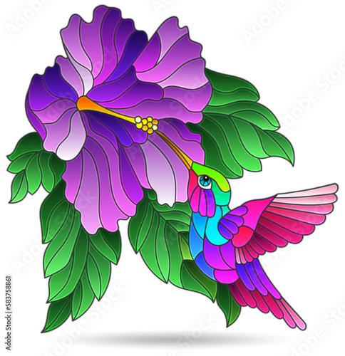Stained glass illustration with bright hummingbird bird and flower, animal isolated on a white background