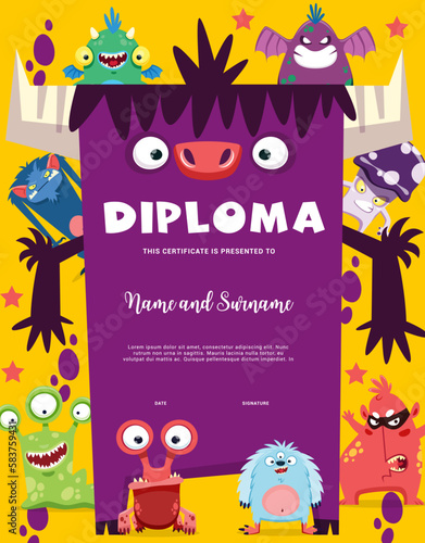 Kids diploma with cartoon funny monsters and creature characters, vector kindergarten certificate. Cheerful bizarre alien monsters, furry yeti and gremlins on school diploma or award background