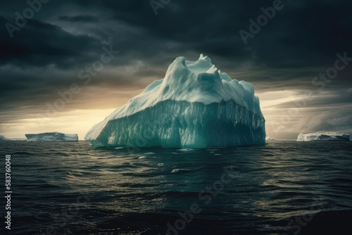 iceberg floating in polar regions, dark clouds at the sky © tl6781