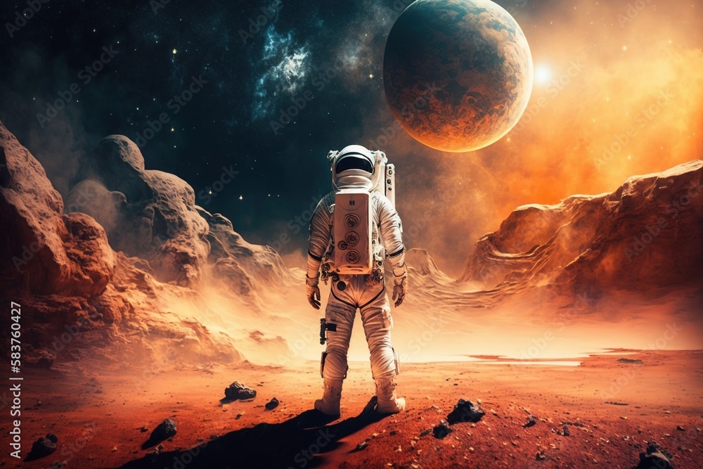  An astronaut standing on the surface of a planet, space art - obrazy, fototapety, plakaty 