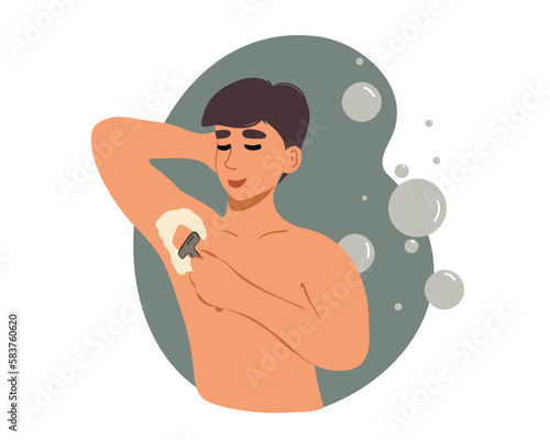 A young man shaves his underarm hair with a razor in his hand, male depilation. Flat vector illustration