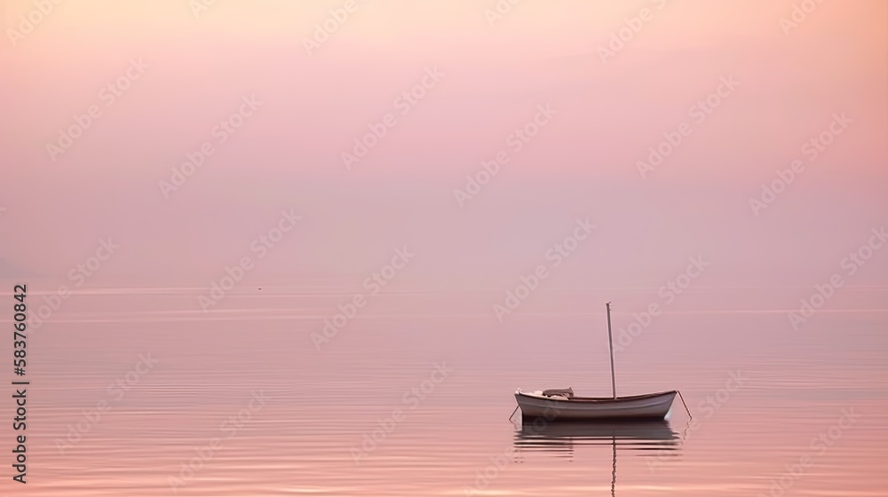 Lone boat sailing at dusk in pink tones, generative ai composite.