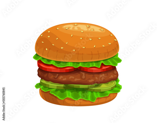 Cartoon hamburger or burger  fast food sandwich with meat patty and buns  vector food icon. Hamburger or burger with lettuce  cucumber and tomato  American bee snack and barbecue restaurant menu icon