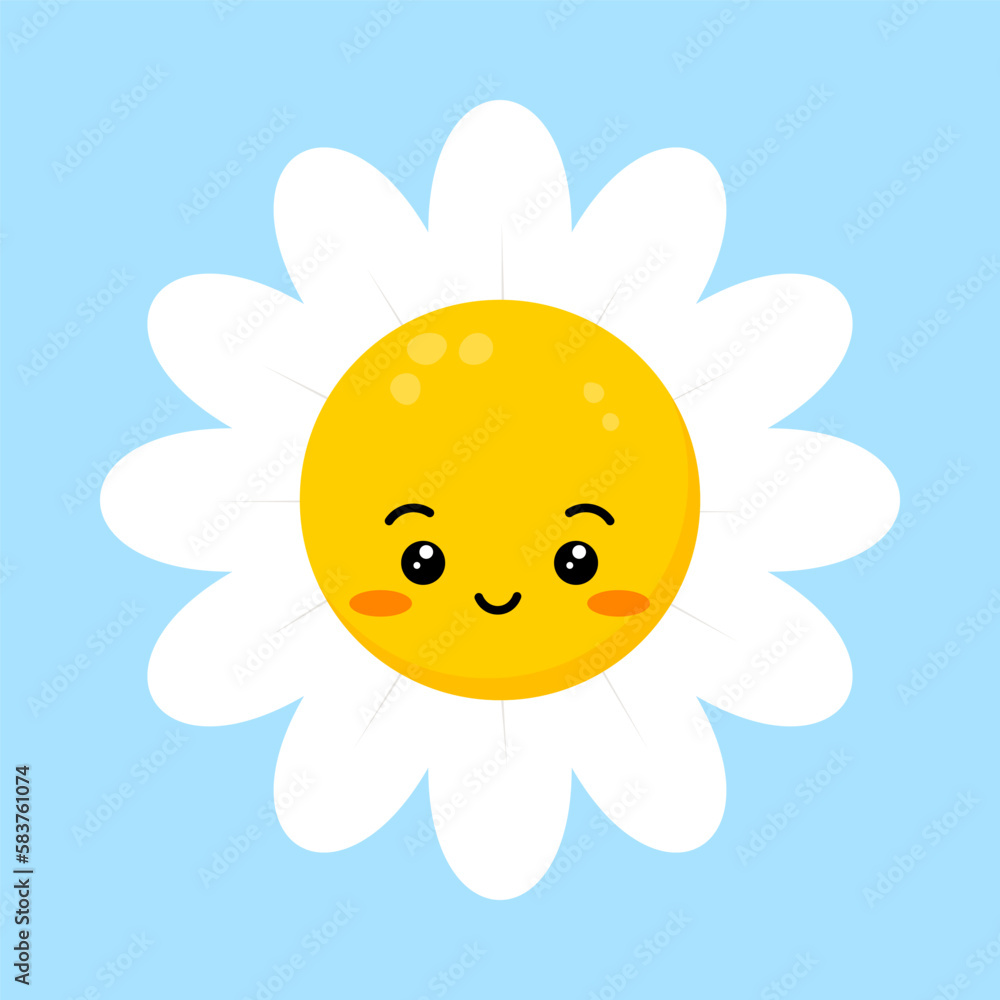 Daisy flower smiling face happy cute character. Chamomile fun emoji plant icon vector illustration. Kids camomile emoticon.