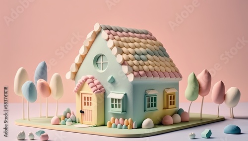 Clay miniature house in soft pastel colours, generative ai composite. © E 
