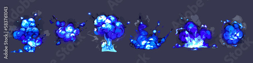Blue fire explosion ui animation sprite vector set. Cartoon magic hit effect animated kit on dark background. Energy frames, thunderbolt and electric glow. Isolated comic burn with smoke illustration.