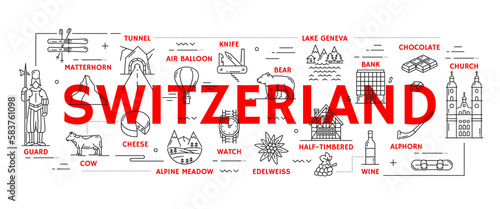 Switzerland travel icons. Europe vacation travel, Switzerland landmarks outline vector banner with ski, lake Geneva, guard and church, bear, half-timbered house, air balloon and tunnel, Swiss knife photo