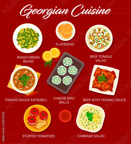 Georgian cuisine restaurant menu template. Tomato sauce Satsebeli, beef with Tkemali sauce and cheese mint balls, baked green beans, flatbread and beef tongue salad, stuffed tomatoes, cabbage salad