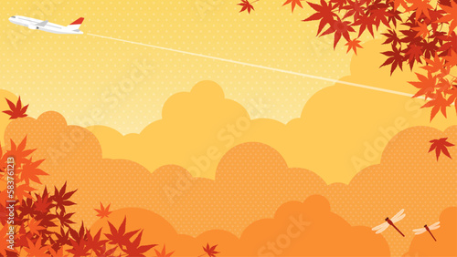秋の紅葉と飛行機、赤とんぼの飛ぶ風景 背景素材（横向き16:9）