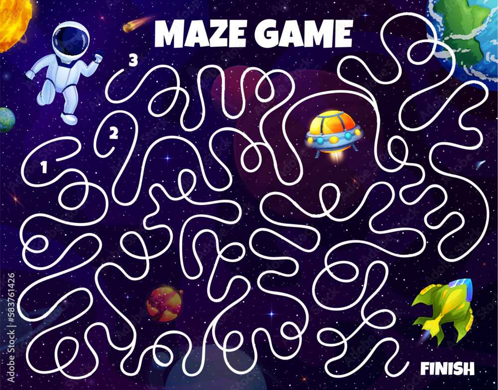Kids space labyrinth maze, help astronaut to find spaceship in galaxy, vector game worksheet. Labyrinth maze puzzle to help to spaceman to find way to rocket and escape alien UFO in galaxy Kids space labyrinth maze, help astronaut to find spaceship in galaxy, vector game worksheet. Labyrinth maze puzzle to help to spaceman to find way to rocket and escape alien UFO in galaxy