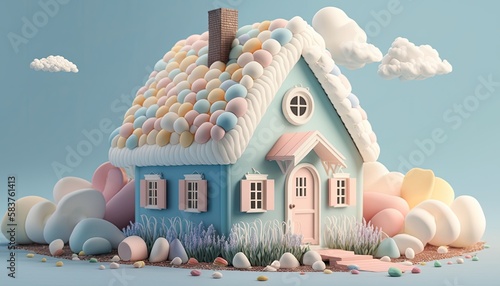 Dreamy marshmallow cottage, generative ai composite.