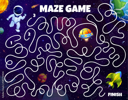 Kids space labyrinth maze, help astronaut to find spaceship in galaxy, vector game worksheet. Labyrinth maze puzzle to help to spaceman to find way to rocket and escape alien UFO in galaxy